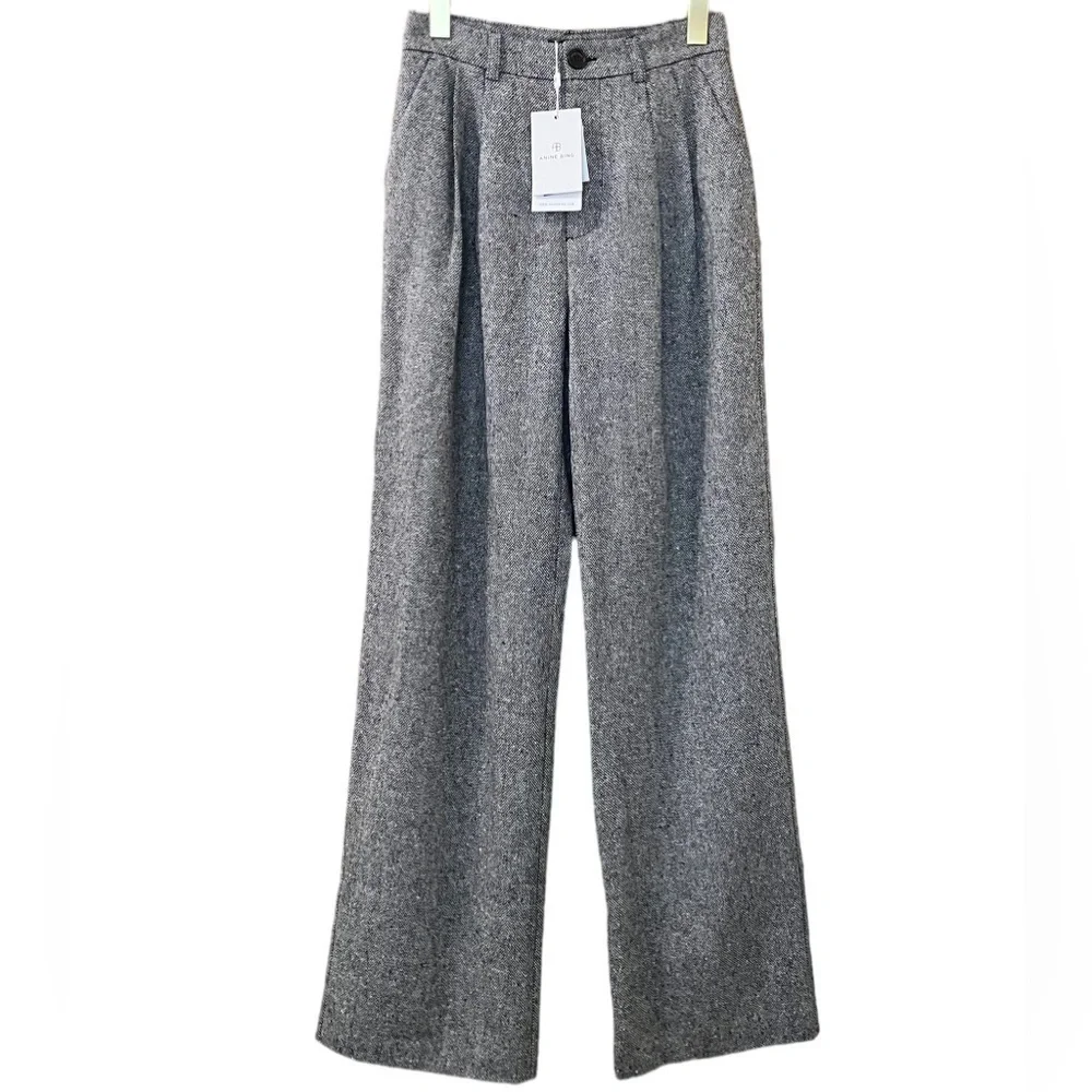Anine Bing Pants Carrie Wool‎ Wideleg Trousers Black White Sz Xs 2